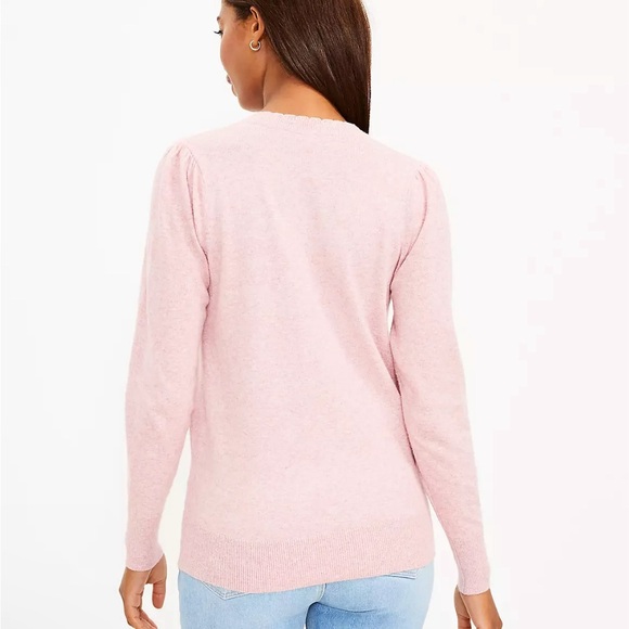 Loft Petite Small Pink Puff Sleeve Scalloped Henley Sweater with Gold Buttons - Picture 6 of 6